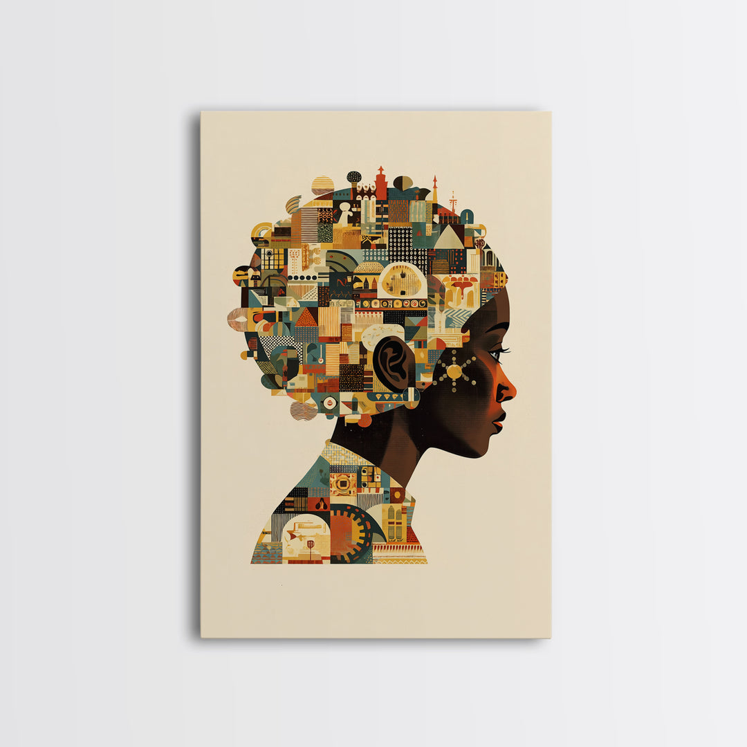 Profile Of African Woman With Architectural Afro, Wall Art, Geometric Portrait, Cultural Home Decor, Modern Afrocentric Art Print