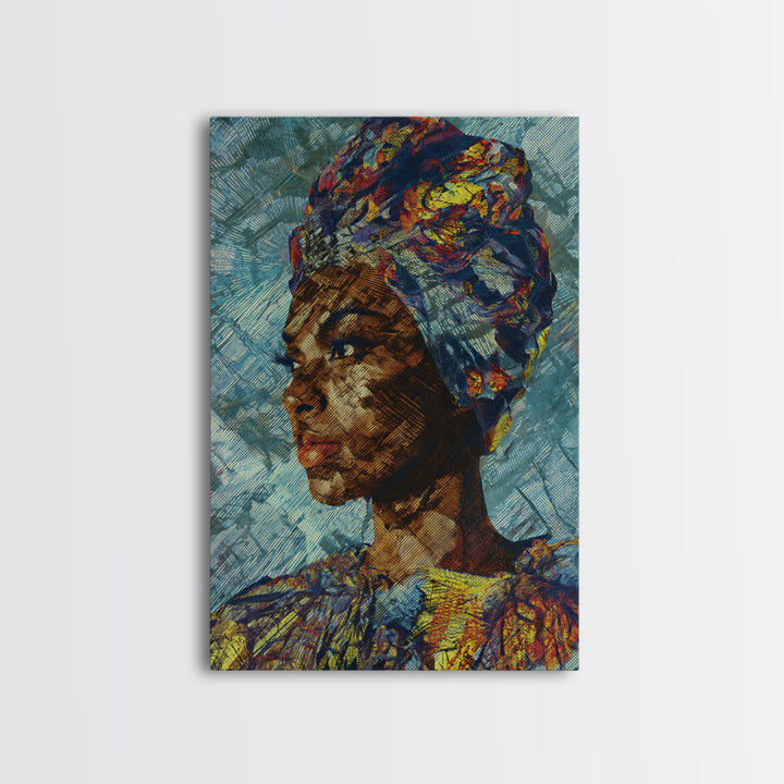 Textured African Woman Portrait In Blue Headwrap, Framed Canvas Print, Contemporary Black Art, Ethnic Wall Decor Gift For Her