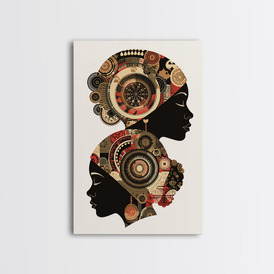 Two African Women Silhouettes With Tribal Circles, Canvas Print, Abstract African Art, Boho Wall Art, Cultural Decor Print