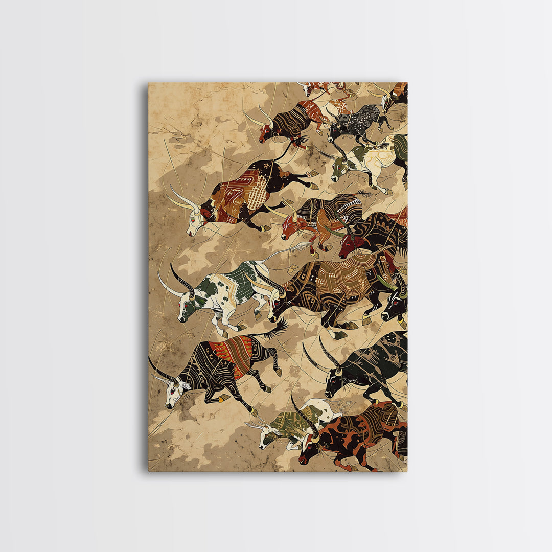 Running African Cattle With Tribal Patterns, Wall Art, Safari Animal Art Print, African Decor, Rustic Farmhouse Canvas Print