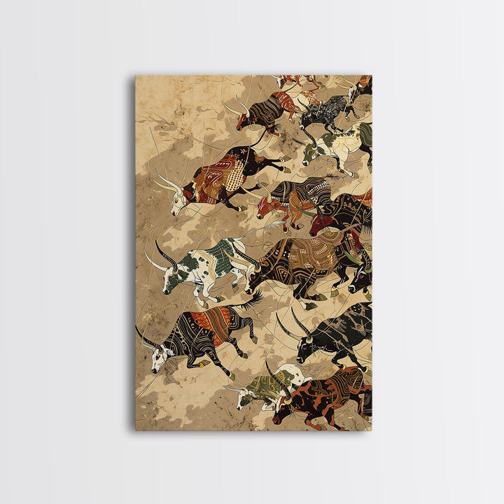 Running African Cattle With Tribal Patterns, Wall Art, Safari Animal Art Print, African Decor, Rustic Farmhouse Canvas Print