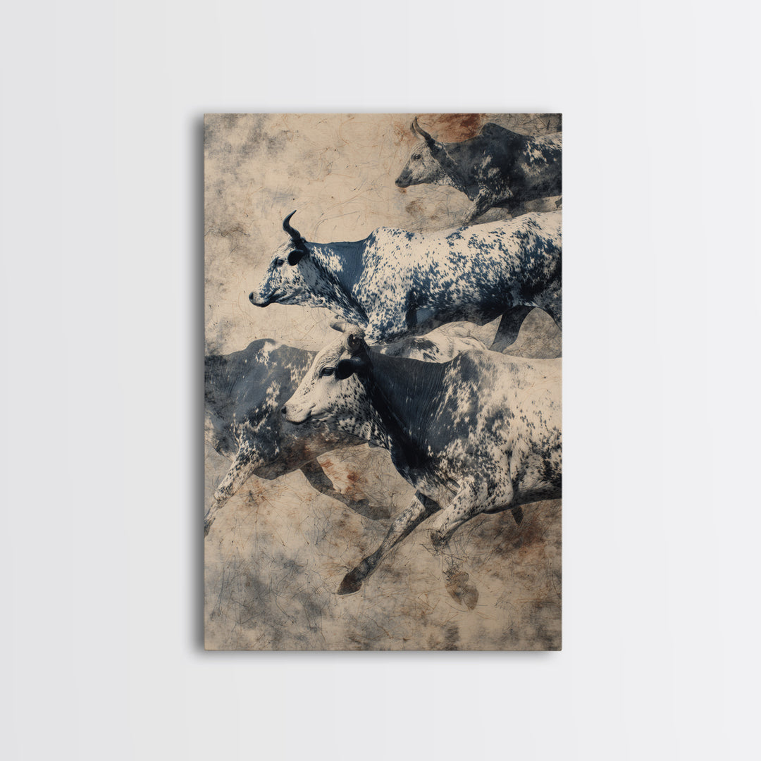 Charging Longhorn Cattle Herd In Sepia Dust, Canvas Print, African Safari Art, Rustic Wall Decor, Western Animal Painting