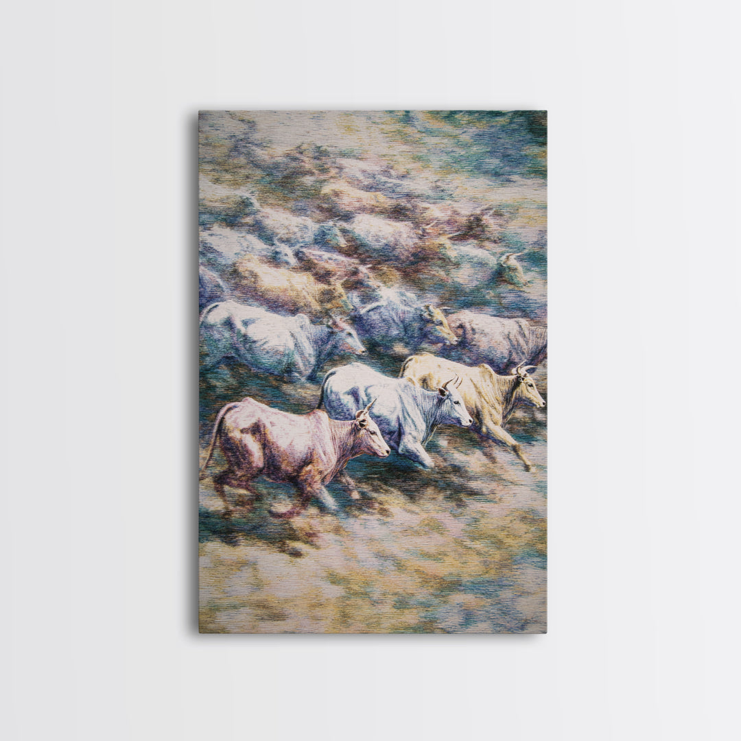 Colorful Running Cattle Herd Across Open Range, Wall Art, African Animal Art, Safari Decor, Textured Painting On Canvas Print
