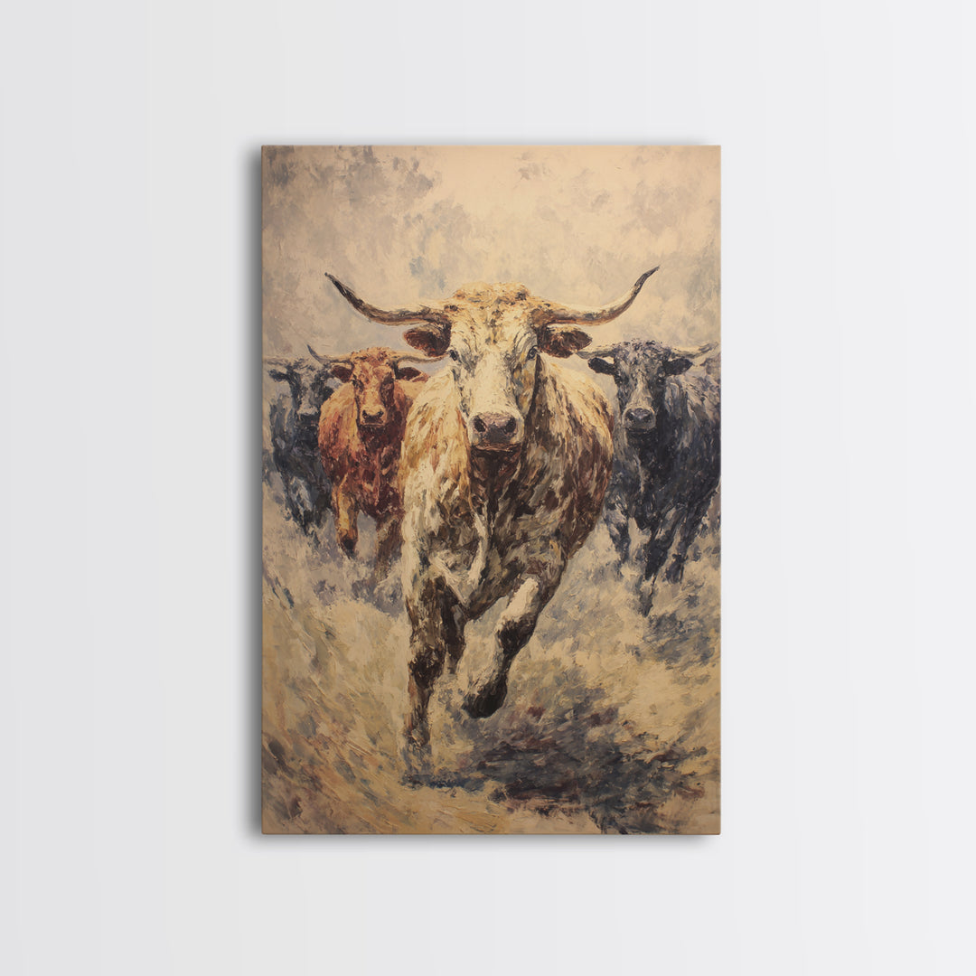 Powerful Longhorn Bull Herd Charging Forward, Framed Canvas Print, African Safari Wall Art, Rustic Animal Decor Gift For Him