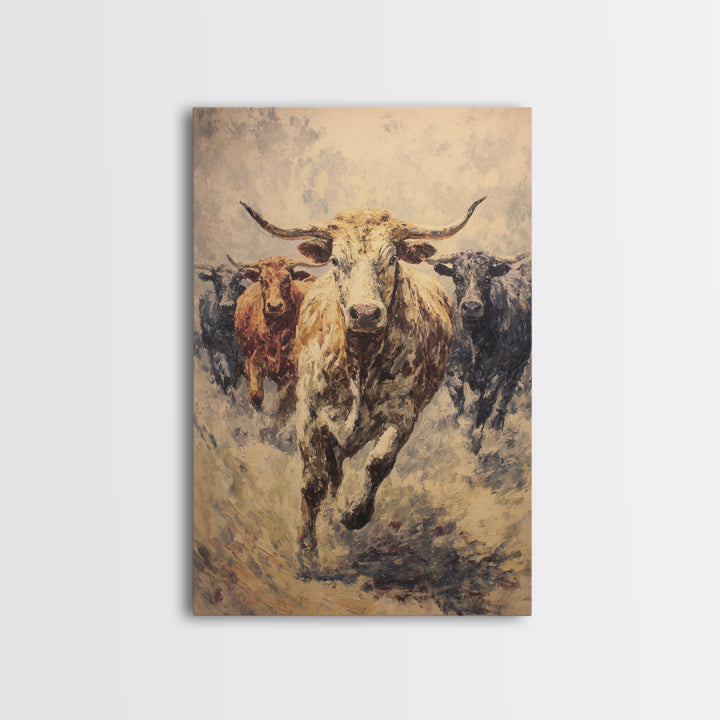 Powerful Longhorn Bull Herd Charging Forward, Framed Canvas Print, African Safari Wall Art, Rustic Animal Decor Gift For Him