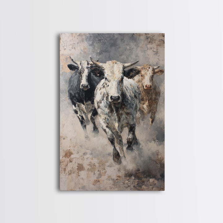 Charging Longhorn Cattle Framed Canvas Print, Western Animal Wall Art, Rustic Farmhouse Decor, Bold Living Room Painting