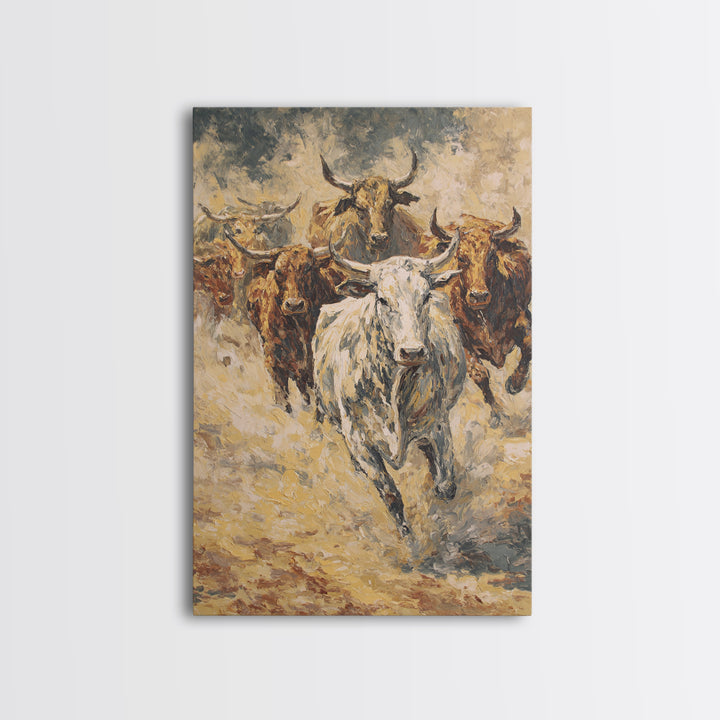 Textured Longhorn Herd Canvas Print, Western Bull Wall Art, Rustic Ranch Decor, Farmhouse Living Room Art, Earth Tone Painting
