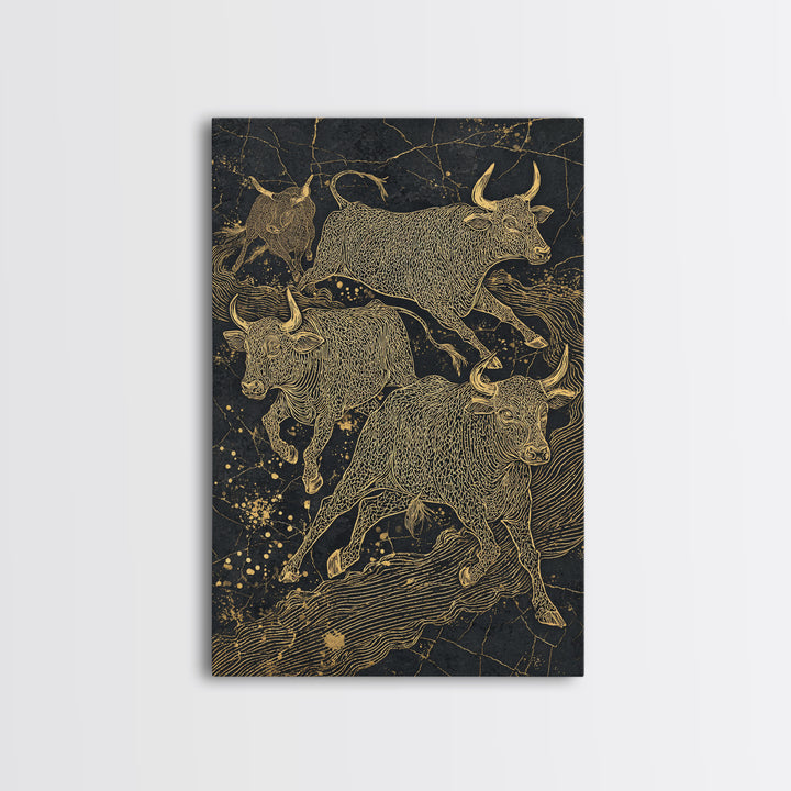 Gold Line Bulls On Black Wall Art, Modern Animal Canvas Print, Luxury Ranch Decor, Masculine Office Art, Bold Statement Piece