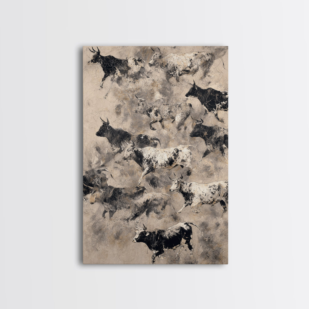 Monochrome Cattle Collage Wall Art, Abstract Animal Canvas Print, Rustic Neutral Decor, Black And White Art, Gallery Poster