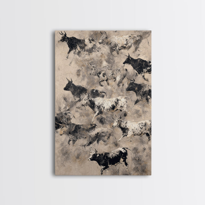 Monochrome Cattle Collage Wall Art, Abstract Animal Canvas Print, Rustic Neutral Decor, Black And White Art, Gallery Poster