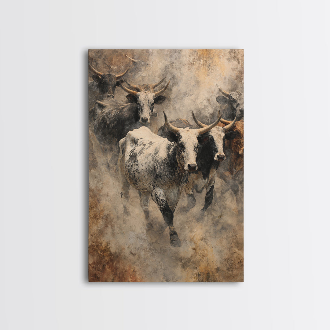 Dusty Longhorn Herd Framed Canvas Print, Western Bull Wall Art, Rustic Farmhouse Decor, Earth Tone Living Room Painting Gift