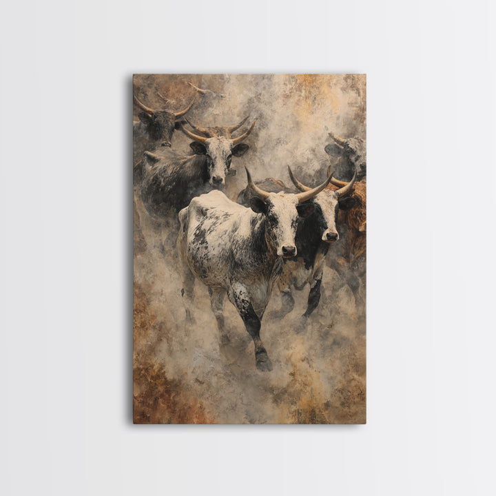 Dusty Longhorn Herd Framed Canvas Print, Western Bull Wall Art, Rustic Farmhouse Decor, Earth Tone Living Room Painting Gift