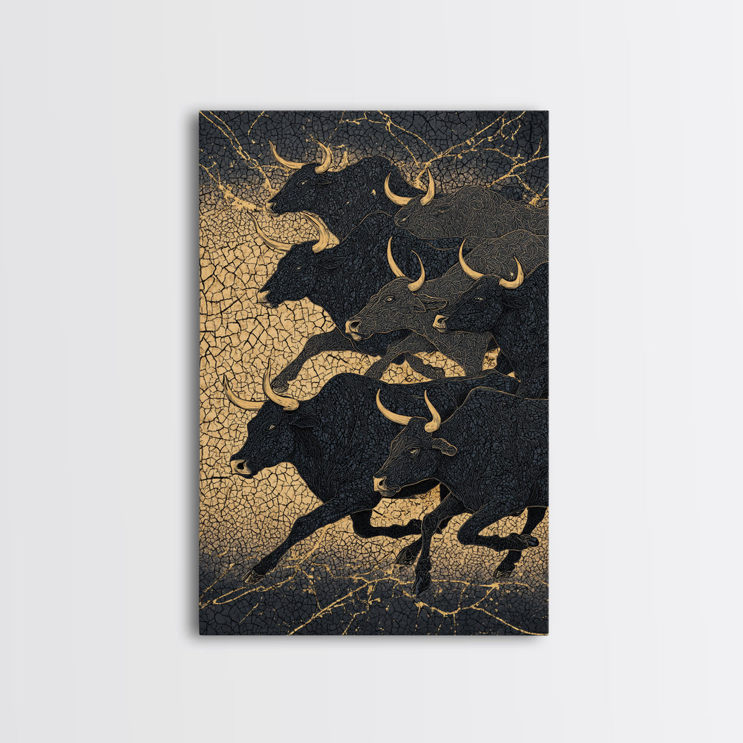 Black And Gold Bull Herd Canvas Print, Dramatic Animal Wall Art, Luxury Ranch Decor, Masculine Office Art, Statement Piece