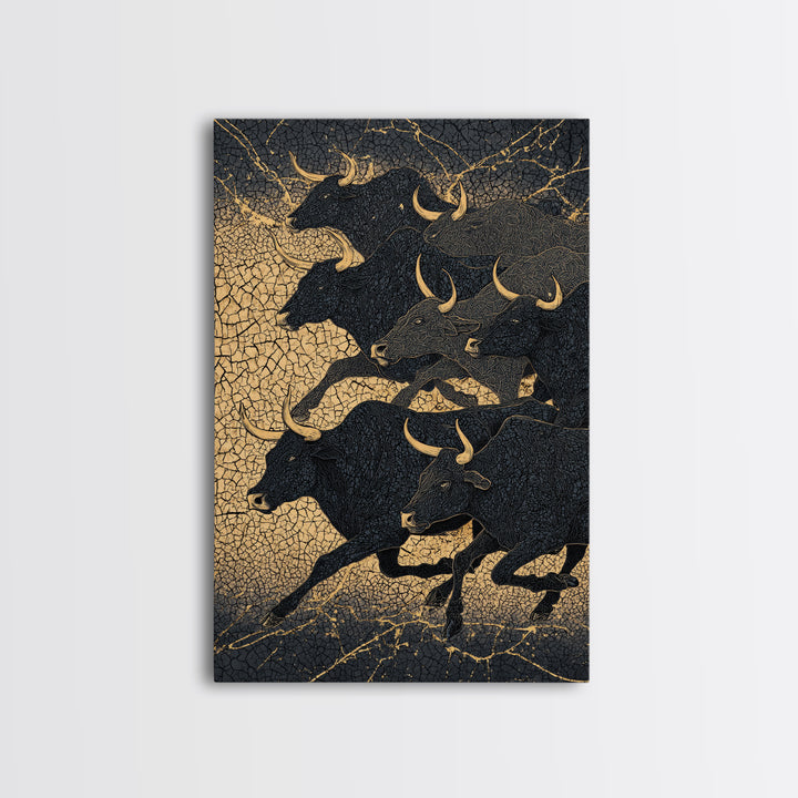 Black And Gold Bull Herd Canvas Print, Dramatic Animal Wall Art, Luxury Ranch Decor, Masculine Office Art, Statement Piece