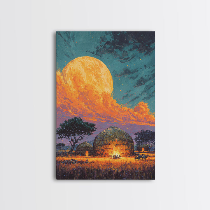 Full Moon African Hut Village Canvas Print, Serengeti Night Landscape, Safari Decor, African Inspired Wall Decor, Nature Scene Art