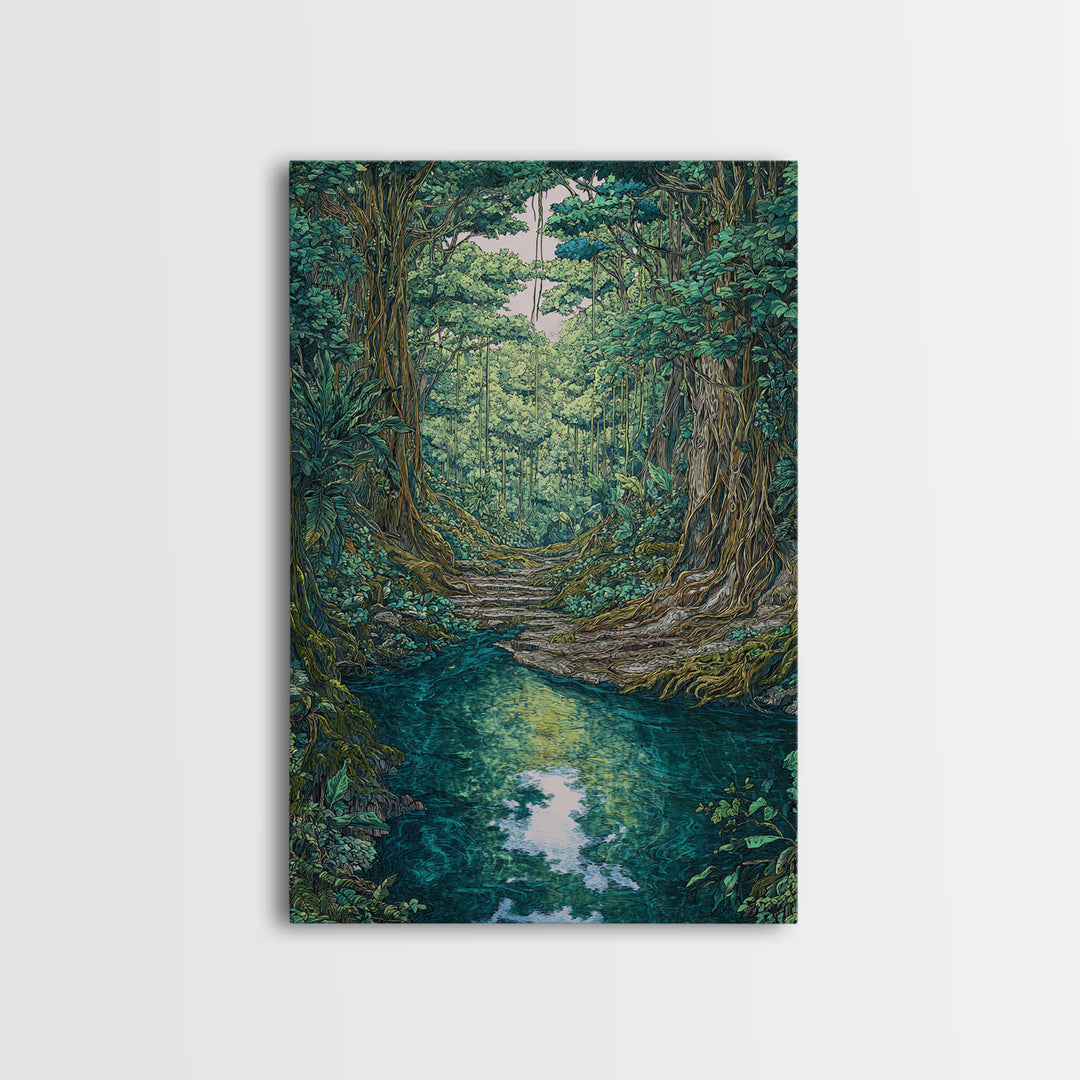 Rainforest River Path Framed Canvas Print, Ancient Jungle Roots, Green Nature Scene Art, Boho Wall Decor, Unique Home Decor