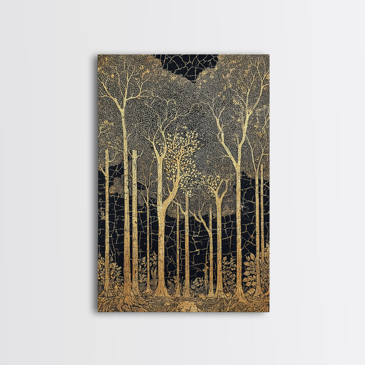 Black And Gold Forest Wall Art, Tall Tree Line Illustration, Abstract Nature Pattern, Elegant Home Decor, Luxury Art Print
