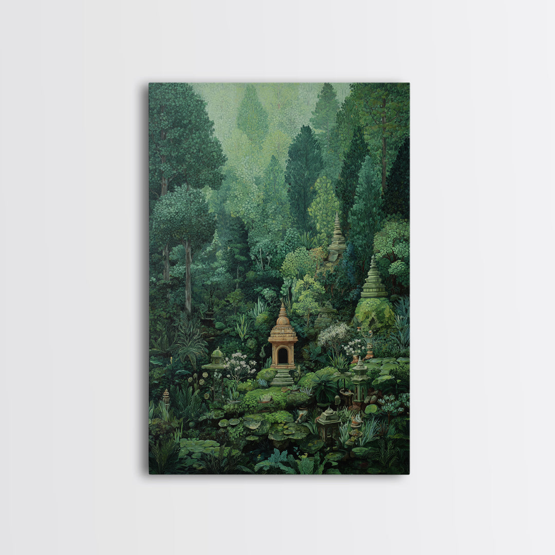 Secret Jungle Temple Garden Canvas Print, Lush Green Botanical Landscape, Spiritual Wall Art, Bohemian Decor Art, Living Room Decor