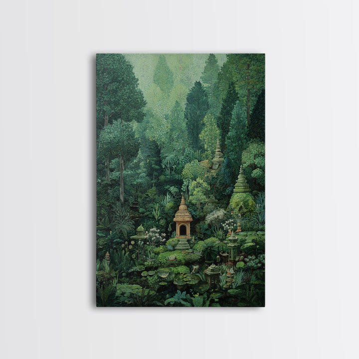Secret Jungle Temple Garden Canvas Print, Lush Green Botanical Landscape, Spiritual Wall Art, Bohemian Decor Art, Living Room Decor
