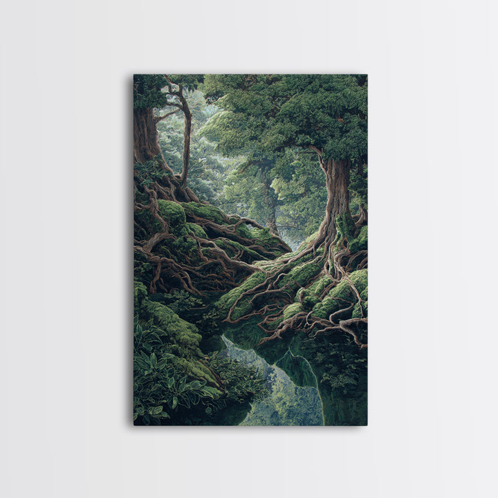 Ancient Forest Roots Wall Art, Mossy Green River Gorge, Mystical Nature Scene Art, Statement Wall Decor, Unique Canvas Print