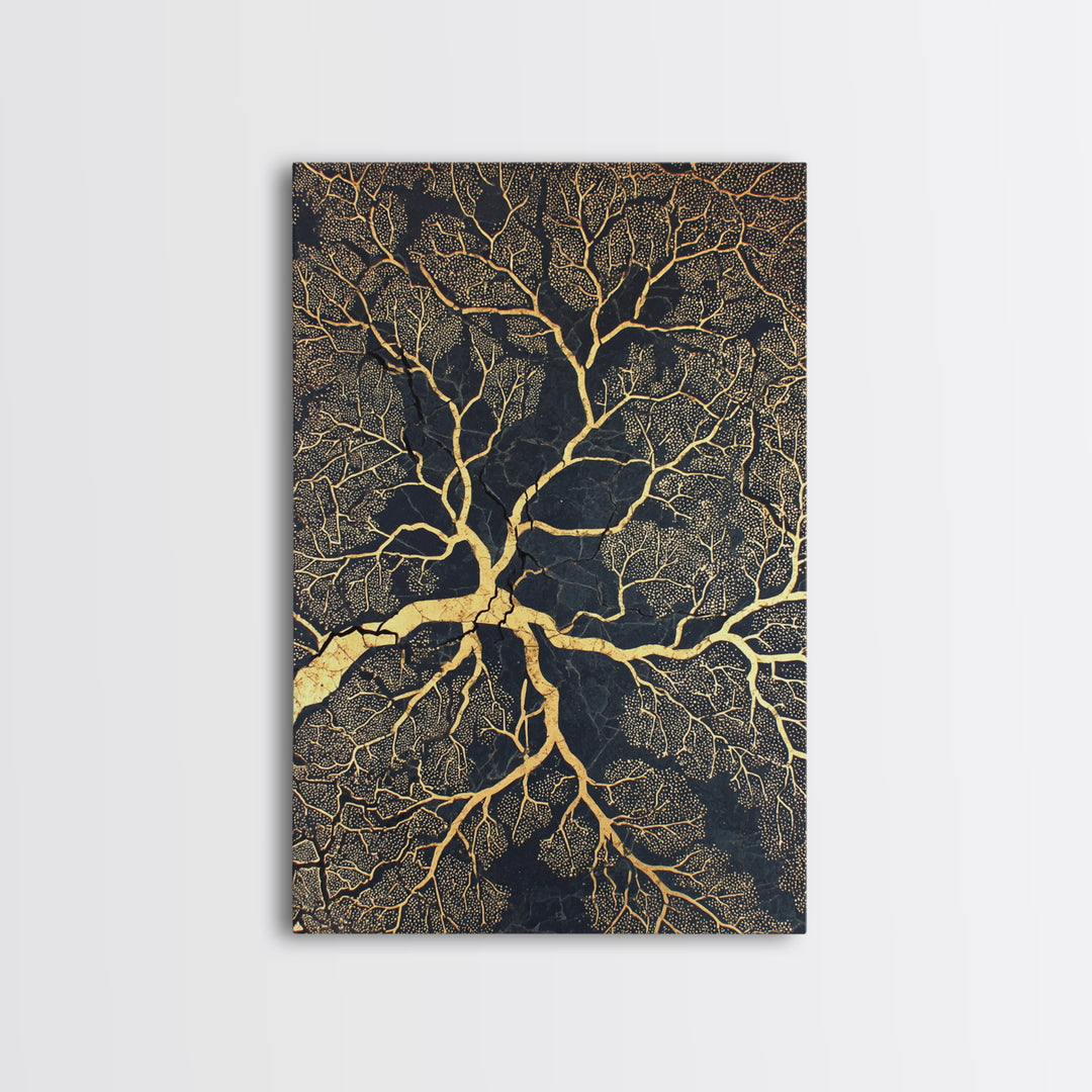 Black And Gold Branching Tree Wall Art, Abstract Root Network, Earth Tone Wall Decor, Luxury Art Print, Modern Canvas Art