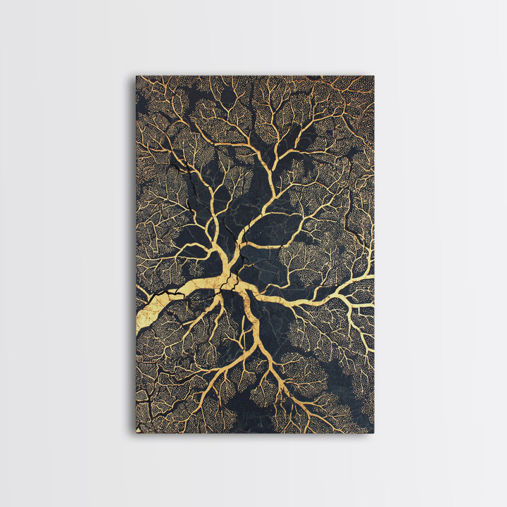 Black And Gold Branching Tree Wall Art, Abstract Root Network, Earth Tone Wall Decor, Luxury Art Print, Modern Canvas Art