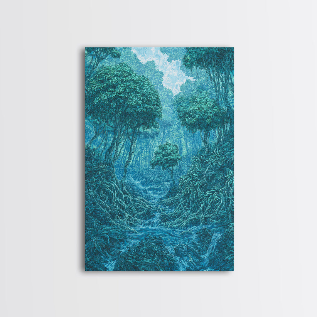 Blue Mystical Rainforest Stream Framed Canvas Print, Dreamy Jungle Wall Art, Teal Nature Scene, Spiritual Wall Decor Gift