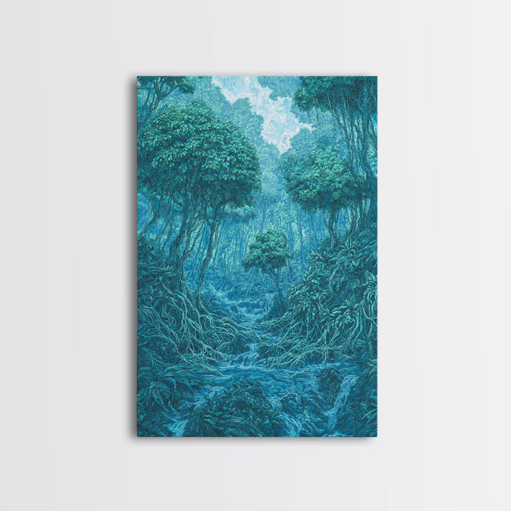 Blue Mystical Rainforest Stream Framed Canvas Print, Dreamy Jungle Wall Art, Teal Nature Scene, Spiritual Wall Decor Gift