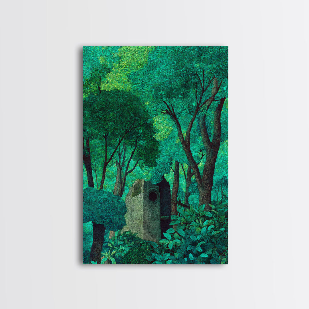Emerald Forest Shrine With Ancient Stone Door Wall Art, Mystical Jungle Decor, Nature Scene Art, Teal Green Home Decor Gift
