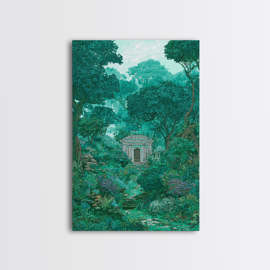 Hidden Garden Temple Path Canvas Print, Emerald Forest Landscape, Dreamy Nature Wall Decor, Botanical Living Room Art Gift