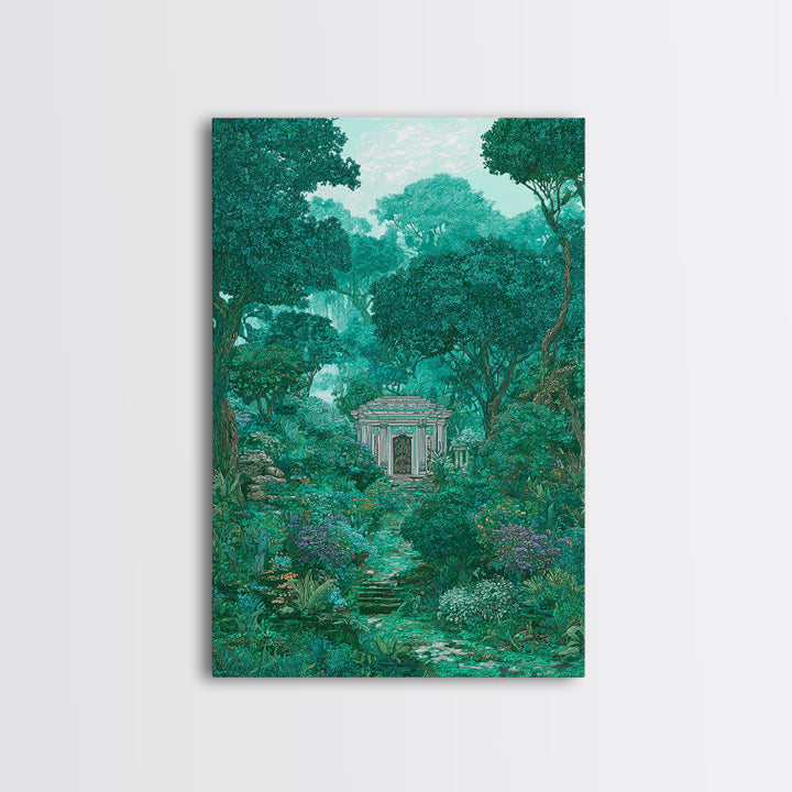 Hidden Garden Temple Path Canvas Print, Emerald Forest Landscape, Dreamy Nature Wall Decor, Botanical Living Room Art Gift