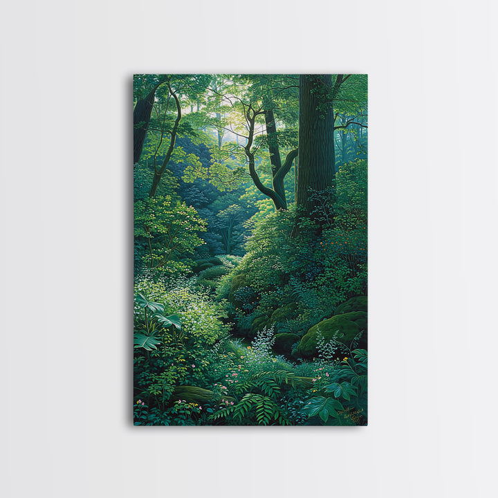 Sunlit Woodland Glade With Ferns Wall Art, Green Nature Scene Art, Dreamy Forest Decor, Botanical Bedroom Wall Decor Gift