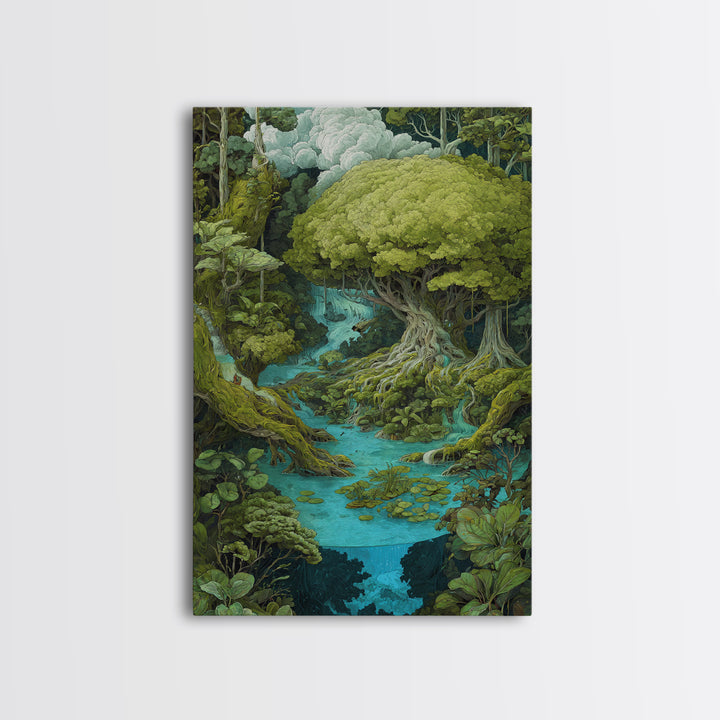 Ancient Banyan Over Turquoise River Painting Canvas Print, Fantasy Jungle Decor, Green Nature Wall Art, Unique Home Decor Gift