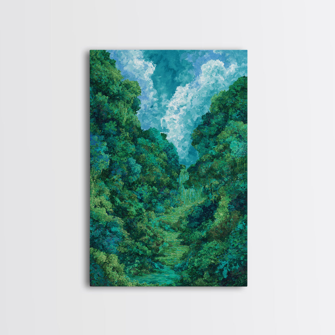 Turquoise Rainforest Valley With Waterfall Canvas Print, Lush Green Landscape, Nature Scene Art, Modern Wall Decor Art Gift