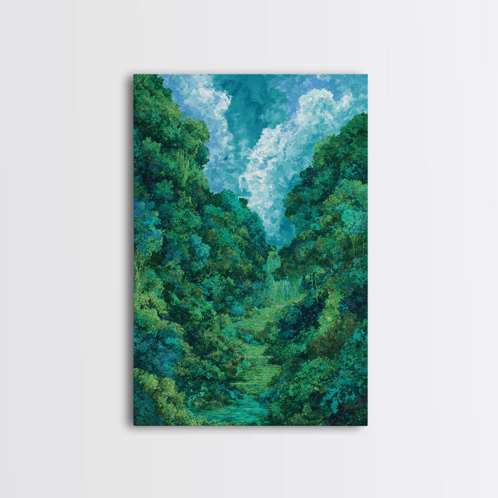 Turquoise Rainforest Valley With Waterfall Canvas Print, Lush Green Landscape, Nature Scene Art, Modern Wall Decor Art Gift