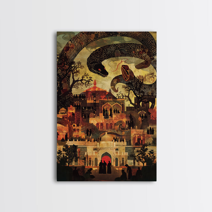 Enchanted Palace With Giant Serpent Wall Art, Mystical Travel Decor, Indian Decor, Fantasy City Canvas Style Art Print Gift