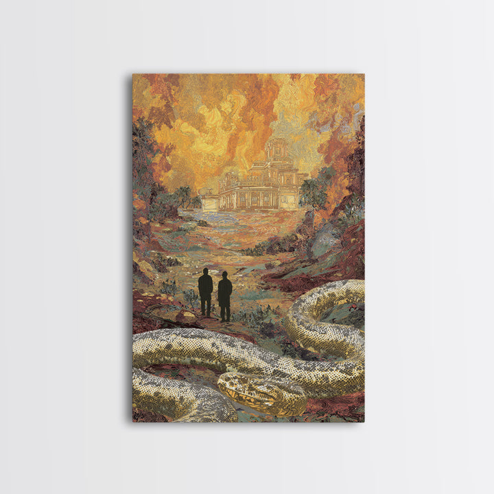 Golden Ruins With Giant Serpent Canvas Print, Surreal Fantasy Landscape Wall Art, Burnt Orange Art, Statement Home Decor Gift