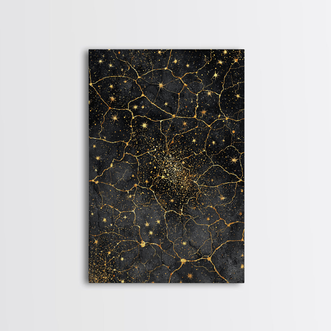 Black Gold Celestial Marble Stars Wall Art, Abstract African Inspired Cosmic Decor, Luxury Canvas Print For Modern Home Decor