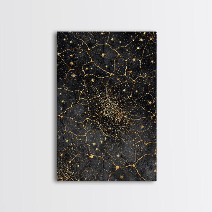 Black Gold Celestial Marble Stars Wall Art, Abstract African Inspired Cosmic Decor, Luxury Canvas Print For Modern Home Decor