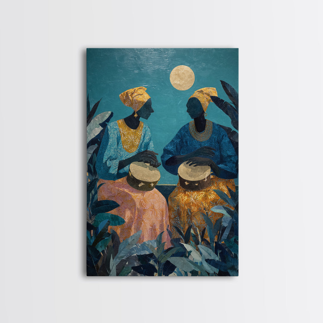 Two African Women Drumming Under Moon Wall Art, Afrocentric Canvas Print, Teal Jungle Decor, Cultural Home Decor Gift For Living Room