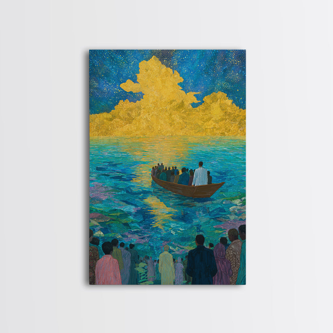 Boat Crossing Turquoise Water To Golden Clouds Wall Art, African Landscape Canvas Print, Spiritual Travel Decor Gift For Home