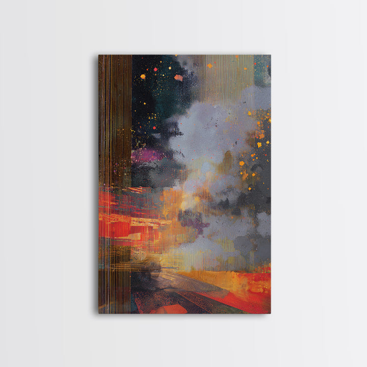 Abstract Gold Rain City Cosmos Wall Art, Modern African Inspired Canvas Print, Bold Red Orange Office Decor For Living Room