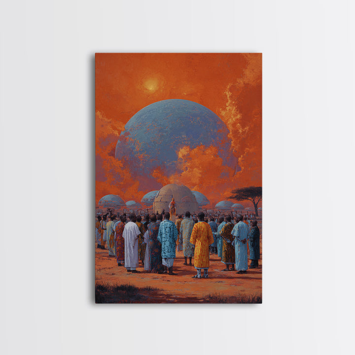 Afrofuturist Gathering Beneath Blue Planet Wall Art, African Culture Canvas Print, Orange Sky Village Home Decor Gift For Her
