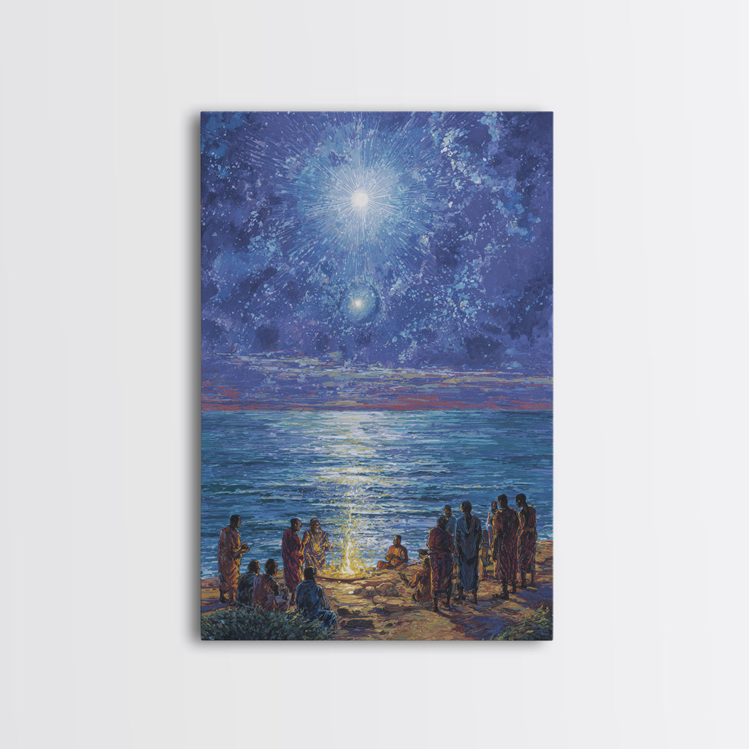 Moonlit Ocean Gathering At Shore Wall Art, African People Canvas Print, Blue Spiritual Nature Scene Decor For Living Room