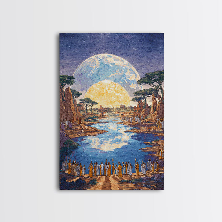Sacred River Valley With Twin Moons Wall Art, African Landscape Canvas Print, Safari Inspired Cultural Home Decor Gift For Him