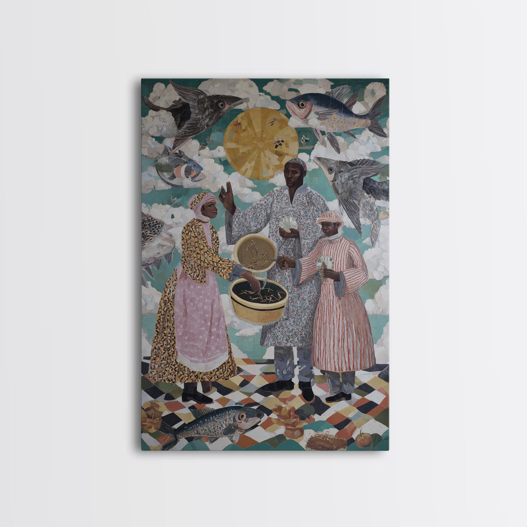 Surreal Fish Sky Ceremony With Family Wall Art, African Culture Canvas Print, Whimsical Kitchen Decor And Unique Gift For Home