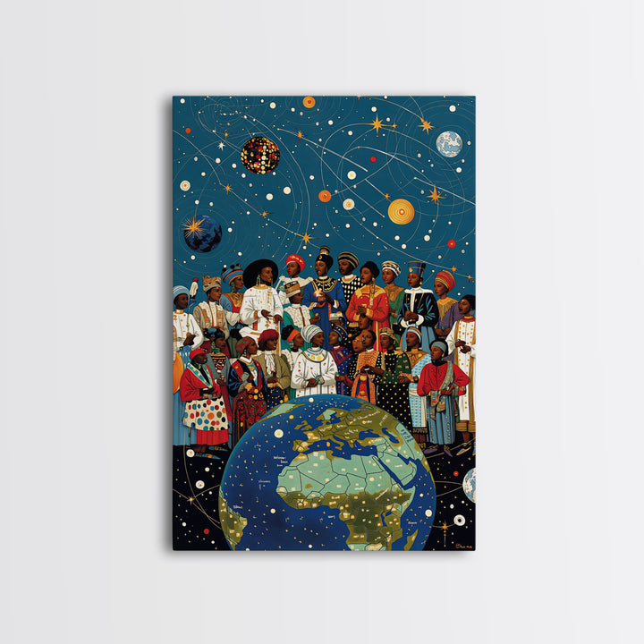 African Diaspora Under Celestial Orbits Wall Art, Afrocentric Canvas Print, Black Culture Artwork And Earth Map Decor Gift
