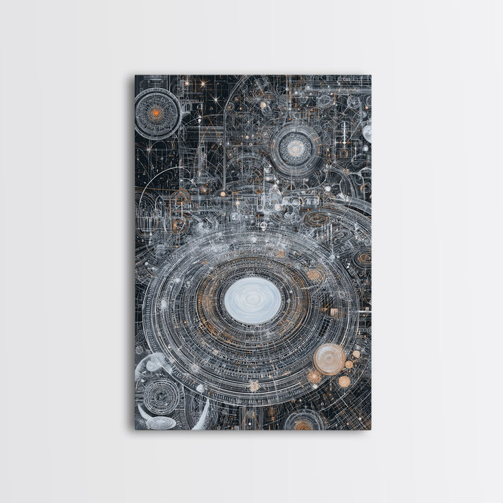Futuristic Cosmic Circuit Mandala Canvas Print, Abstract Wall Art, Modern Office Decor, Geometric Sci Fi Galaxy Blueprint Digital Art