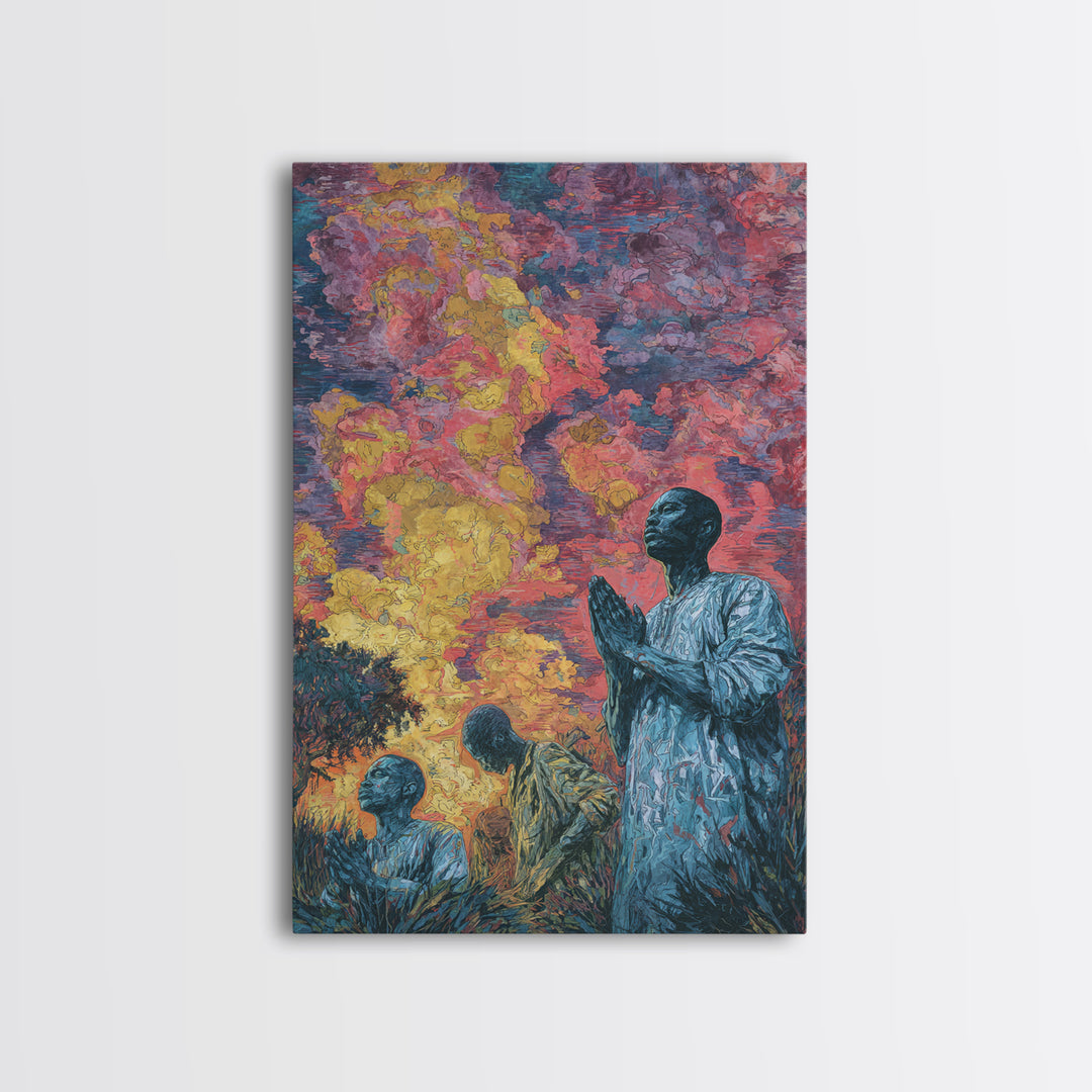 Praying African Men Beneath Fiery Sky Framed Canvas Print, Spiritual Wall Art, Black Culture Art, Meaningful Home Decor Gift