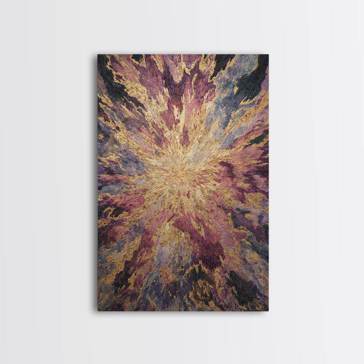 Exploding Abstract Starburst In Gold Plum And Blue Wall Art, Textured Art Print, Modern Canvas Art, Statement Home Decor
